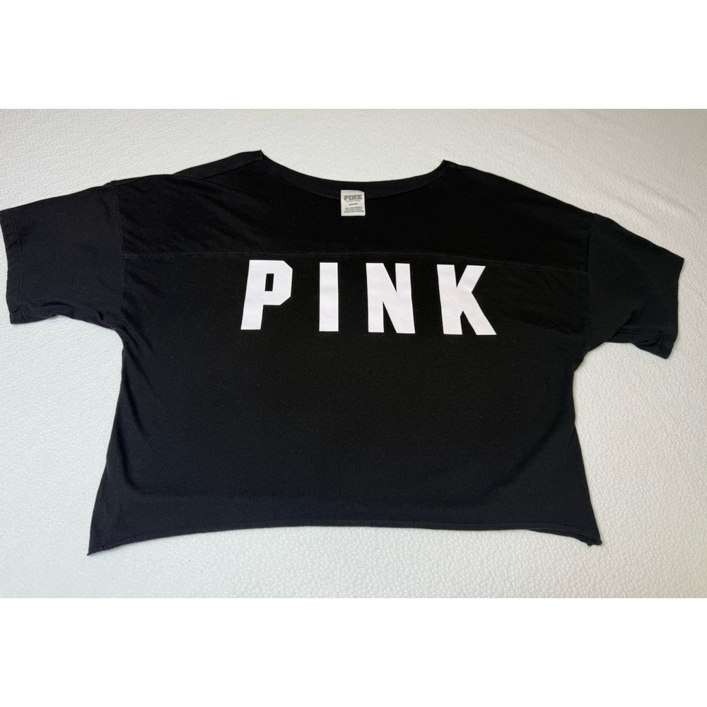 Victoria's Secret‎ PINK Black Cropped Logo Tee Size M Short Sleeve Top